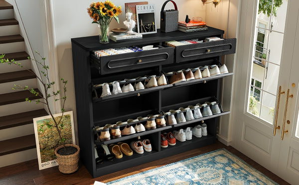 English Elm Wooden Farmhouse Entryway Shoe Cabinet with Six Drawers for Organized Hallway Storage Black W1580P402824