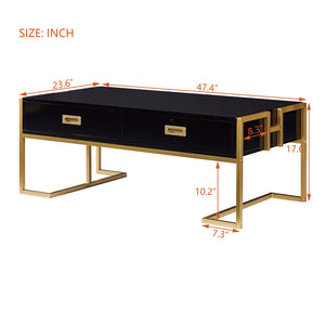English Elm Modern 47.3" Black Rectangular Coffee Table with Gold Metal Base, 4 Spacious Drawers, Durable Design N735P305626B