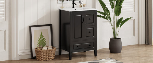 English Elm Christopher Knight Home® - 24 Freestanding Retro Bathroom Vanity with Ceramic Sink, Soft-Close Cabinet & Drawers, Painted MDF Finish Black N759P292551B