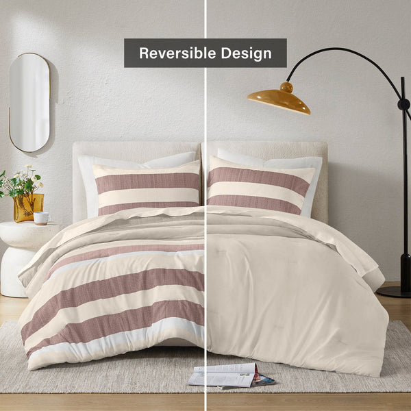 JLA Home Regency Heights - Stripe Seersucker Comforter Set with Reversible Striped and Botanical Prints, Lightweight Oeko-Tex Certified Terracotta RH10-0011