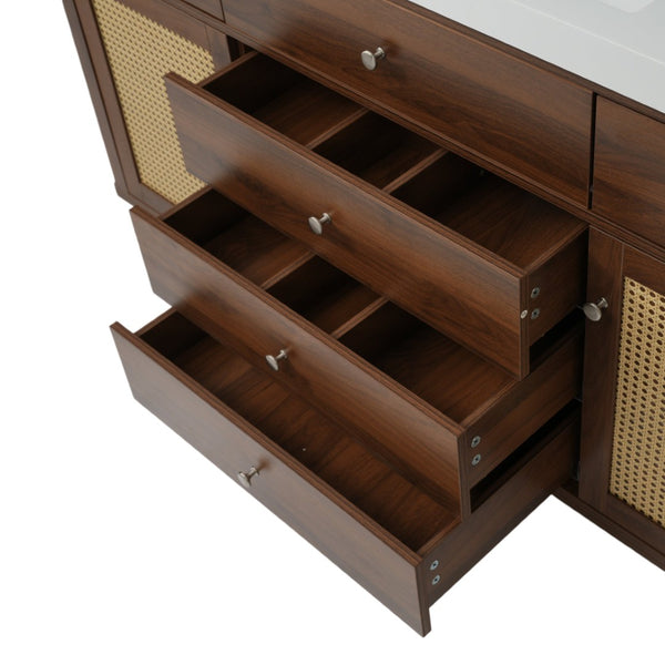English Elm 60" Boutique Bathroom Vanity Rattan Doors Soft Close Drawers Smc Sink Pine Legs Brown N817P397678B