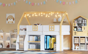 English Elm Twin-size Pine Low Loft Bed with House Canopy Step Stairs Storage Cabinet Led Lights N7090005032K
