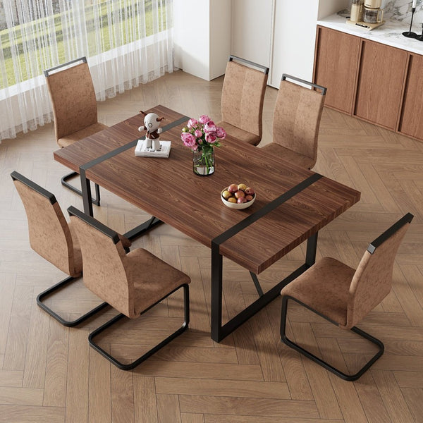 English Elm Table With 6 Industrial Style Brown Techno-Fabric Chairs - Walnut Rectangular Dining Set, 71"X39.3" W1151S02439-GIGA