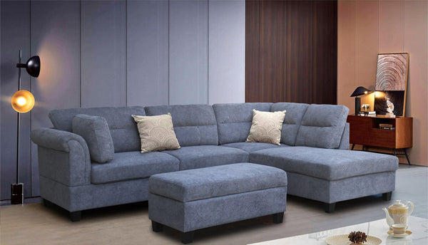 English Elm Diego Plush 100" Fabric Sectional Sofa with Right-Facing Chaise, Storage Ottoman, Tufted Back Cushions and 2 Pillows Gray B061S00931