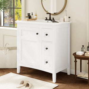 English Elm 30 Inch Bathroom Vanity with Ceramic Sink and 3 Smooth-Glide Drawers, Modern Moisture-Resistant Storage White N710P252105K