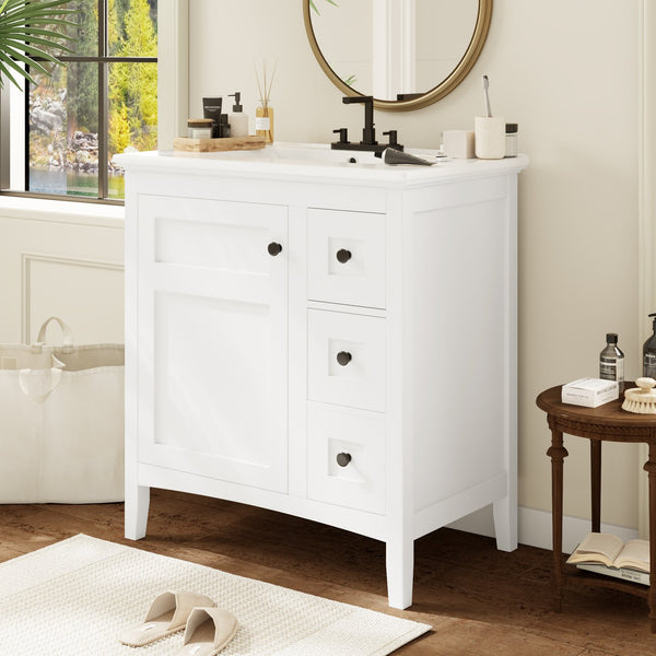 English Elm 30 Inch Bathroom Vanity with Ceramic Sink and 3 Smooth-Glide Drawers, Modern Moisture-Resistant Storage White N710P252105K