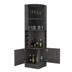 English Elm Syrah Corner Bar Cabinet with 8 Bottle Cubbies, Double Doors, 2 Open Shelves & Glass Rack Gray 46.9 L x 23.6 W x 7.1 H B20091986