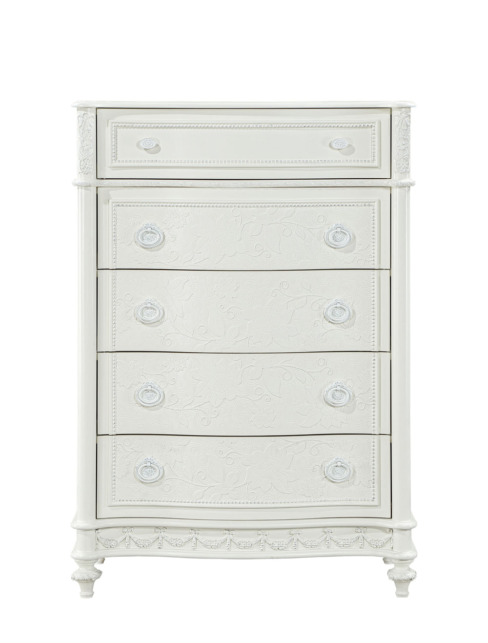 English Elm Dorothy Ivory Finish Chest with 5 Drawers, Turned Legs, Felt-Lined Top Drawer & 70lb Top Capacity B2726P294823