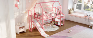 English Elm Twin House Loft Bed with Slide and Stairs, Metal Playhouse with Storage Shelves and Quiet Design Pink W1580S00349