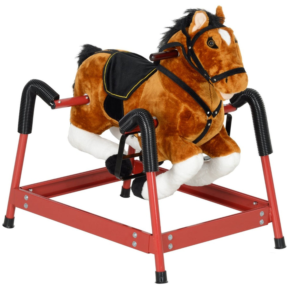 English Elm Qaba Plush Spring Rocking Horse with Sounds Stirrups and Saddle for Kids Brown W2225P249744