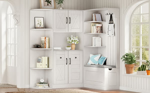 English Elm Multifunctional Modular Hall Tree Cabinet with Open Shelves and Hooks for Entryway White W1580S00519