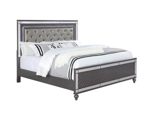 English Elm Modern Upholstered Headboard Queen Bed with Button Tufting, Glass Inlay & LED Lighting, Faux Leather Finish Elegance Gray 66 L x 47 W x 7 H B011S01215