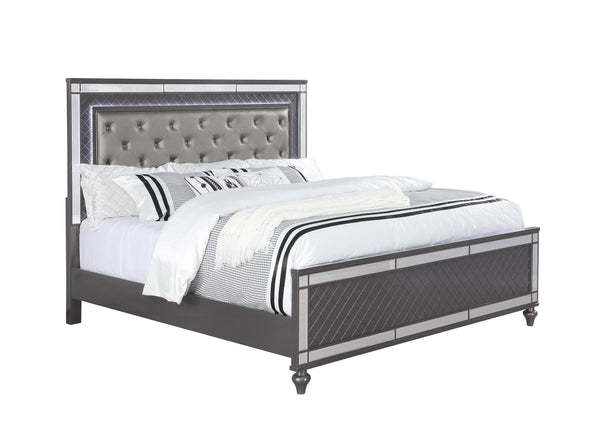 English Elm Modern Upholstered Headboard Queen Bed with Button Tufting, Glass Inlay & LED Lighting, Faux Leather Finish Elegance Gray 66 L x 47 W x 7 H B011S01215