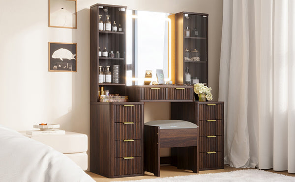 English Elm 43.5" Fluted Makeup Vanity with Led Mirror Glass Top Gold Hardware and Storage Stool Brown N704G202305P