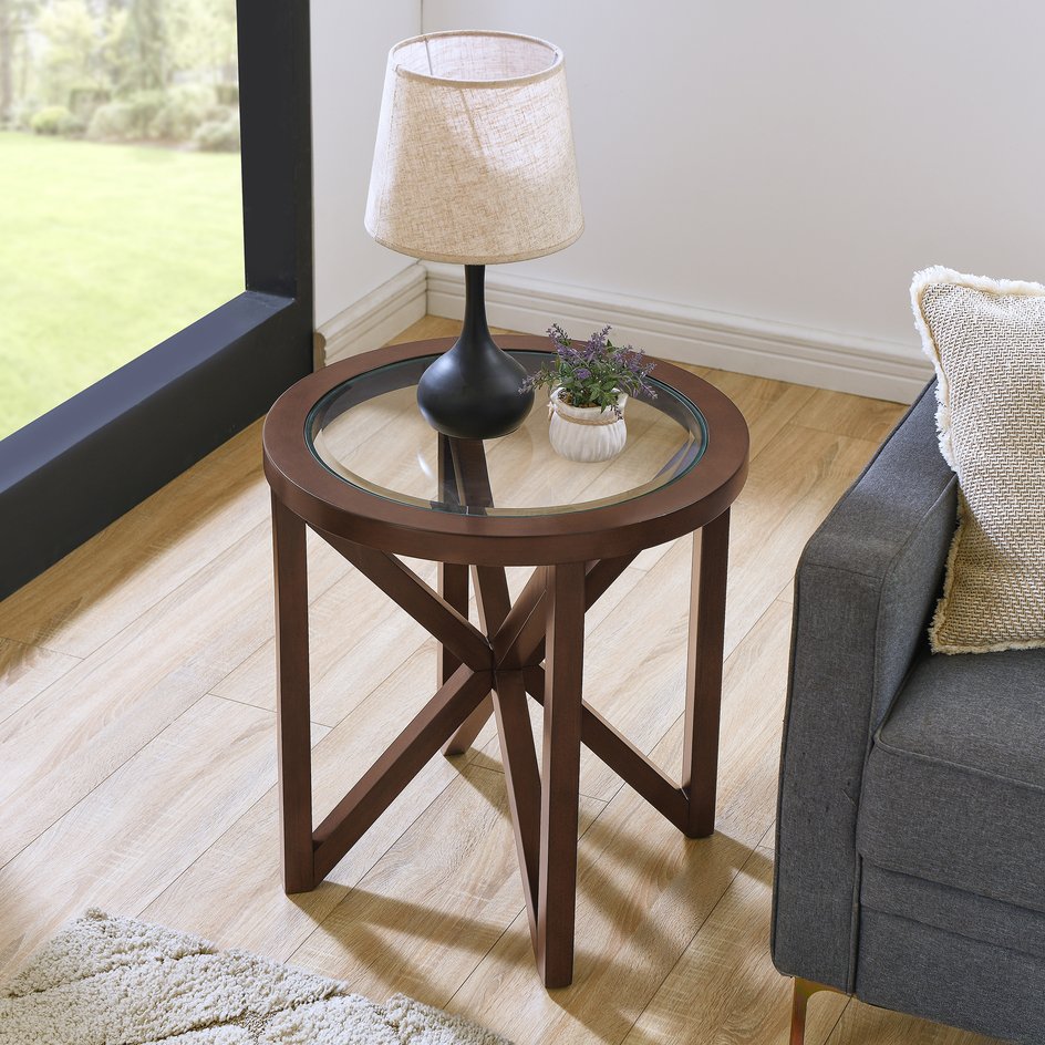 English Elm Modern Glass Coffee Table with Solid Wood Base, Tempered Round Top, 250lb Capacity, Stylish Centerpiece W1781P146773