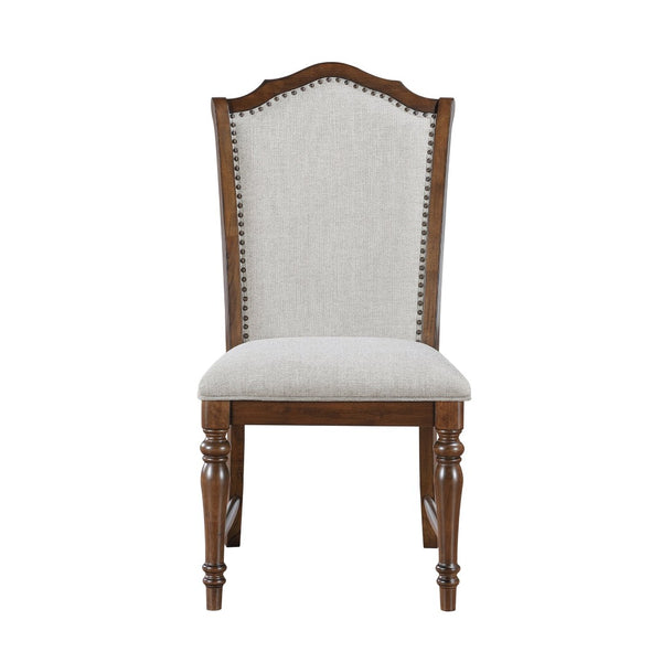 English Elm Formal Cherry Trestle Dining Set with Nailhead Chairs and Self Storing Extension Leaf B011S01372