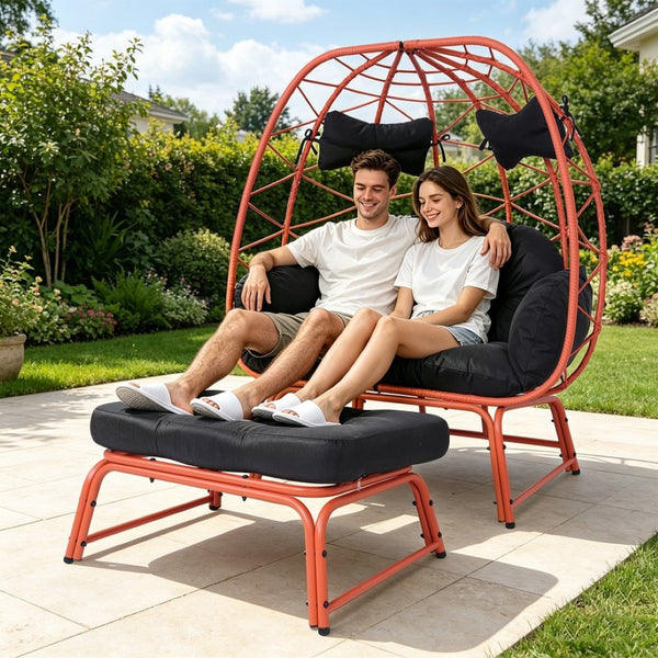 English Elm Double Egg Chair with Ottoman Pe Rattan Wicker Two Person Outdoor Patio Lounge Set T5880P501488