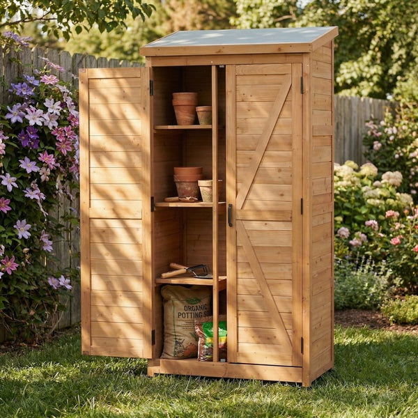 English Elm Outdoor Cedar Storage Cabinet Farmhouse Vertical Shed for Backyard Patio Garden Tools W2640P291256