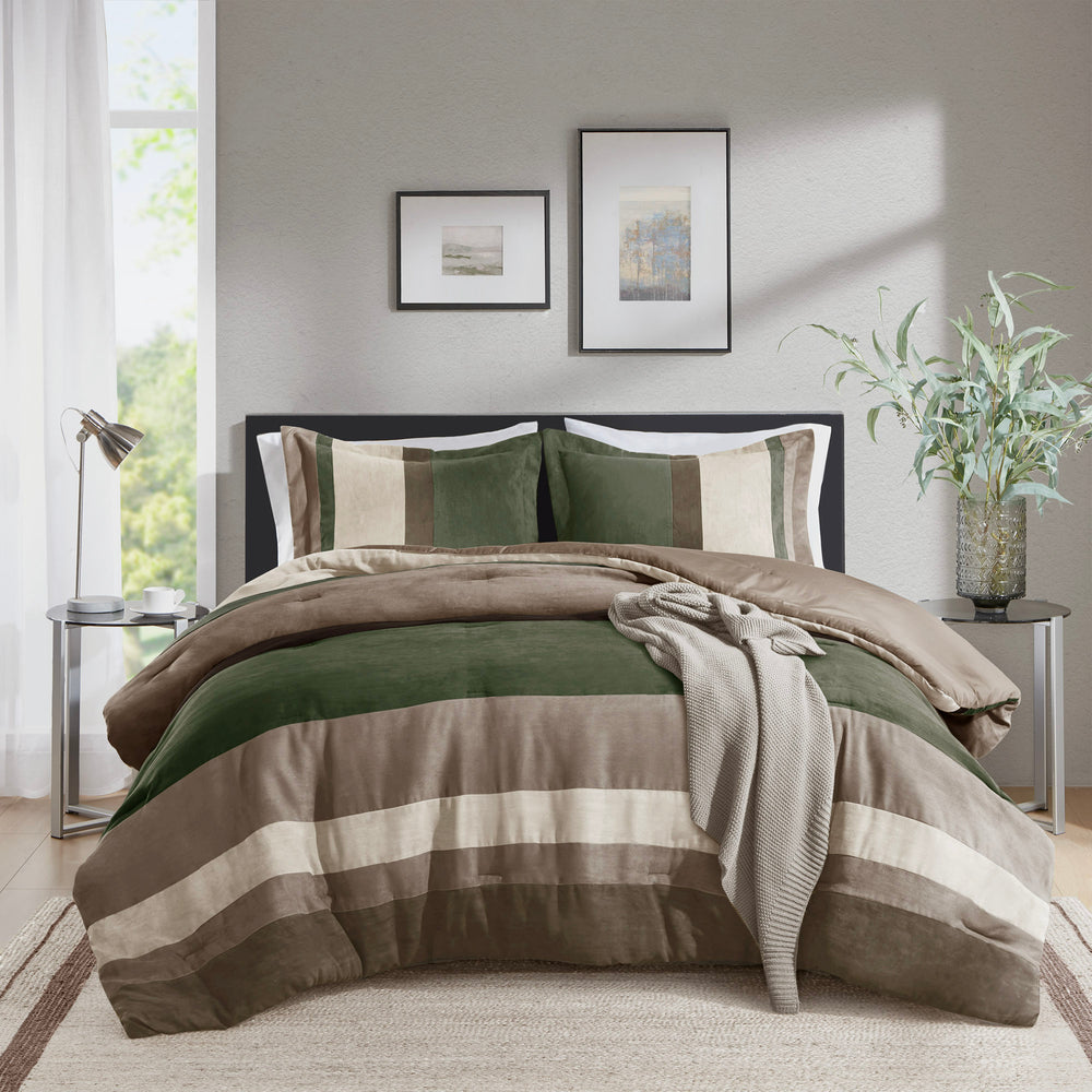 JLA Home Comfort Spaces - Pieced Faux Suede Comforter Set with Transitional Stripes, Lightweight Year-Round Warmth and Plush Loft Green AM10-0296