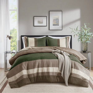 JLA Home Comfort Spaces - Pieced Faux Suede Comforter Set with Transitional Stripes, Lightweight Year-Round Warmth and Plush Loft Green AM10-0296