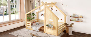 English Elm Twin House Floor Bed with Window & Shelf, Solid Wood Pitched Roof Design for Safe Cozy Sleep Natural W1580P362691