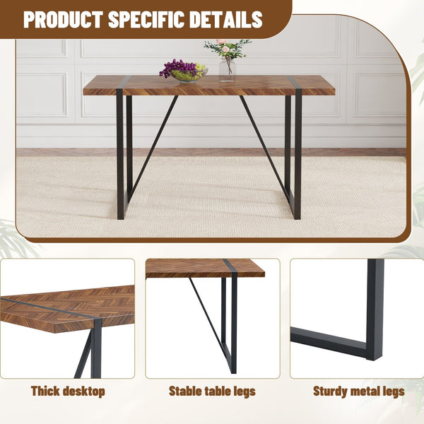 English Elm Table And Chair Set - Retro Rectangular Dining Table With Fishbone Mdf Top & 6 Stylish Brown Chairs W1151S03141-GIGA