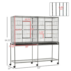 English Elm Pawhut Spacious Double Compartment Rolling Metal Bird Cage with Perch and Storage Shelf W2225P173759