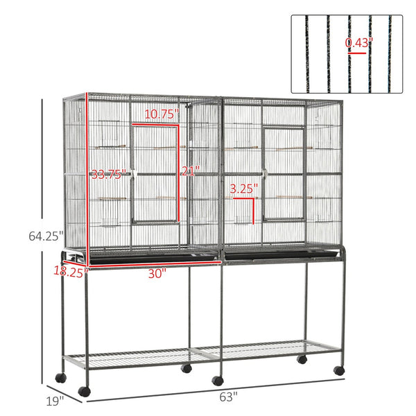 English Elm Pawhut Spacious Double Compartment Rolling Metal Bird Cage with Perch and Storage Shelf W2225P173759