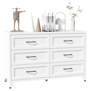 English Elm 6 Drawer White Steel Dresser Low Profile Powder Coated Frame for Bedroom or Hallway T2398P465981