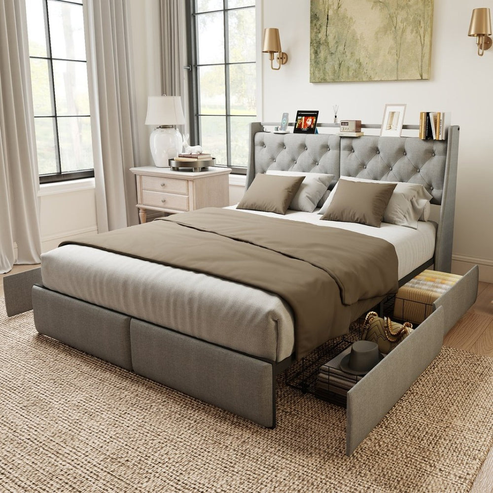 English Elm Queen Storage Platform Bed with Rgb Lighting Linen Headboard and Built-in Charging T3963P437337