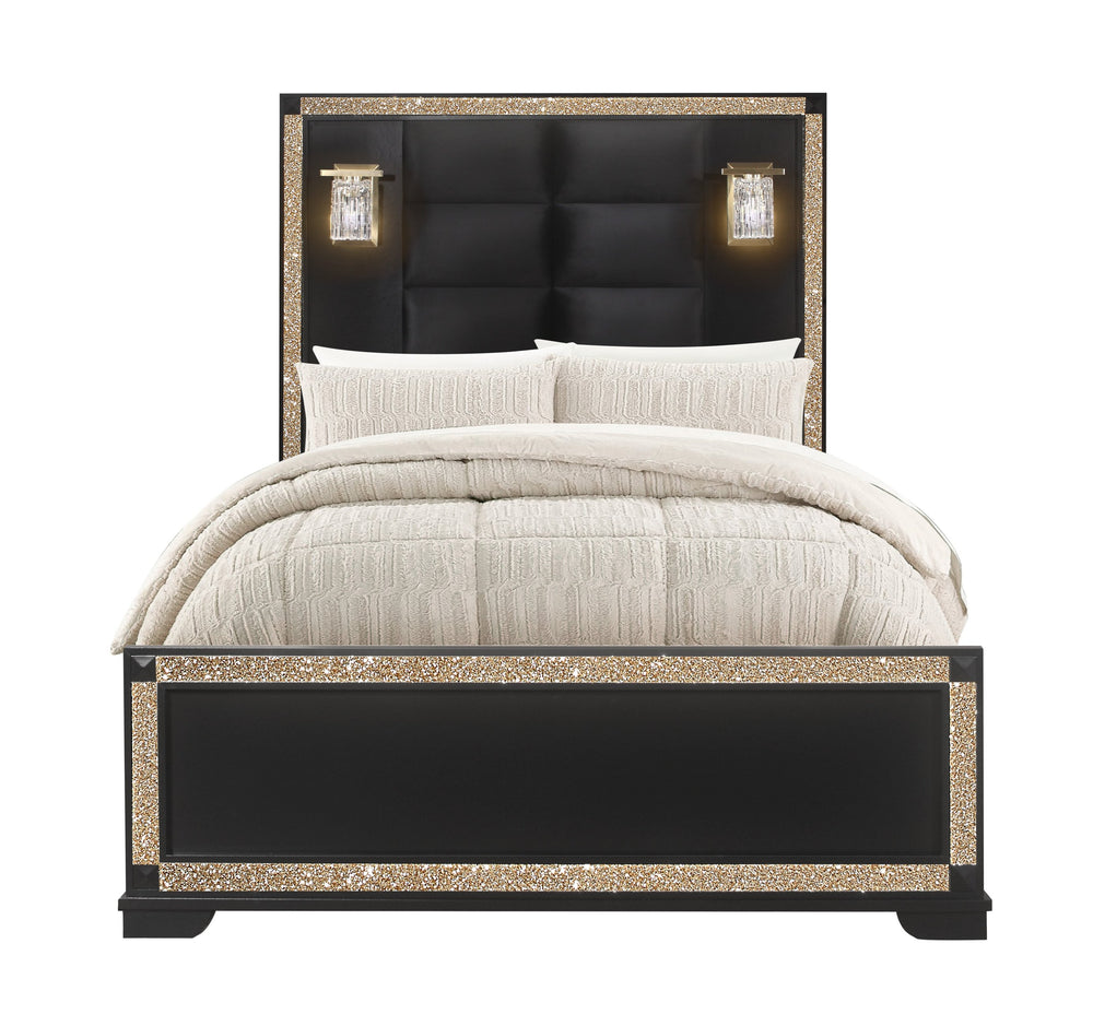 English Elm LIVELY Solid Wood Bed with Padded Headboard and Built-In Lamps, Low Profile Frame & Glitter Accents BLACK/GOLD FULL B201S00210