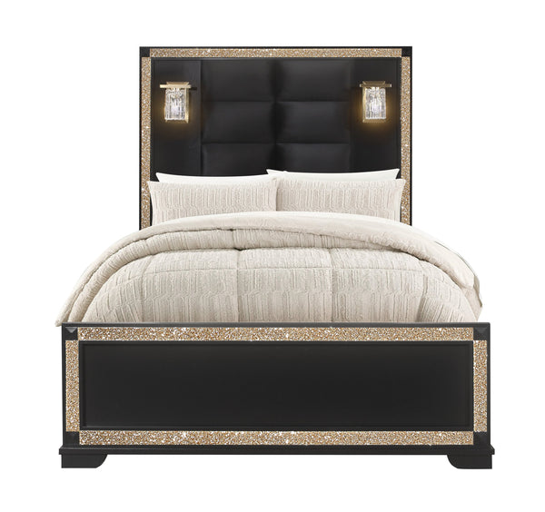 English Elm LIVELY Solid Wood Bed with Padded Headboard and Built-In Lamps, Low Profile Frame & Glitter Accents BLACK/GOLD FULL B201S00210
