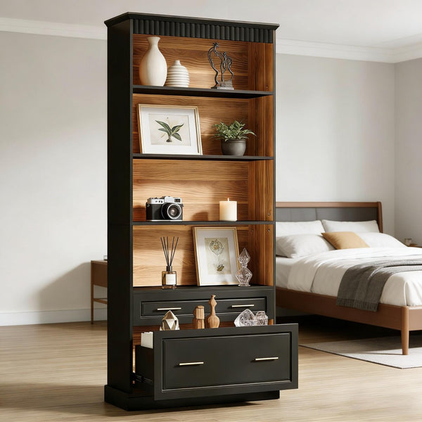 English Elm Open Five Tier Industrial Bookshelf with Steel Frame and Warm Brown Wood Finish T3971P452404