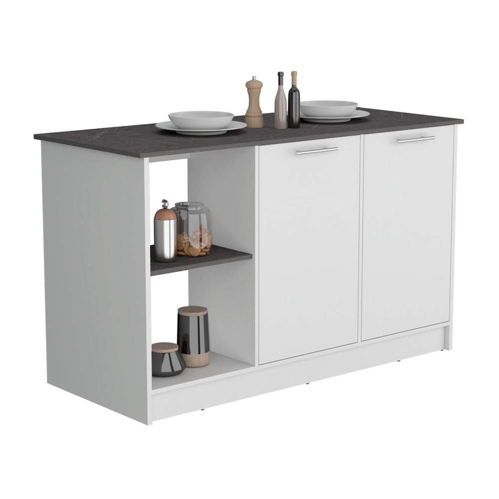 English Elm Kitchen Island With Ample Counter Space, Open Shelves & Double-Door Storage, Stylish White/Onyx B097S00157
