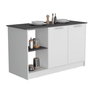 English Elm Kitchen Island With Ample Counter Space, Open Shelves & Double-Door Storage, Stylish White/Onyx B097S00157