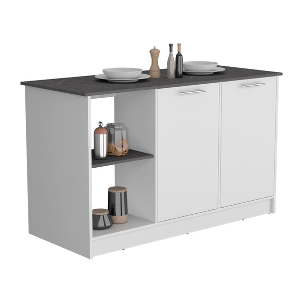 English Elm Kitchen Island With Ample Counter Space, Open Shelves & Double-Door Storage, Stylish White/Onyx B097S00157