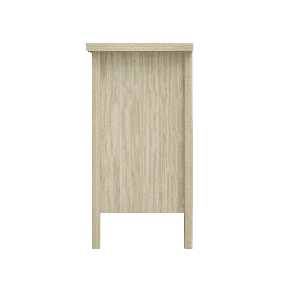 English Elm Rattan 4 Door Cabinet with Metal Semi-Circle Handles, Pine Feet, Adjustable Shelves, Non-Slip Pads W688P223028