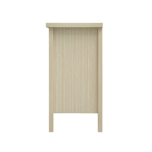 English Elm Rattan 4 Door Cabinet with Metal Semi-Circle Handles, Pine Feet, Adjustable Shelves, Non-Slip Pads W688P223028