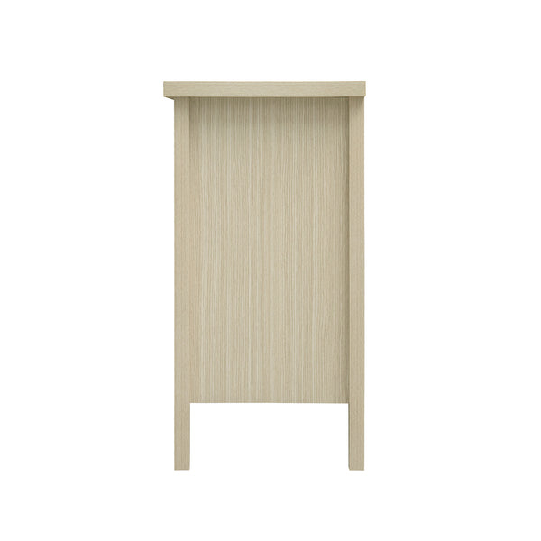 English Elm Rattan 4 Door Cabinet with Metal Semi-Circle Handles, Pine Feet, Adjustable Shelves, Non-Slip Pads W688P223028