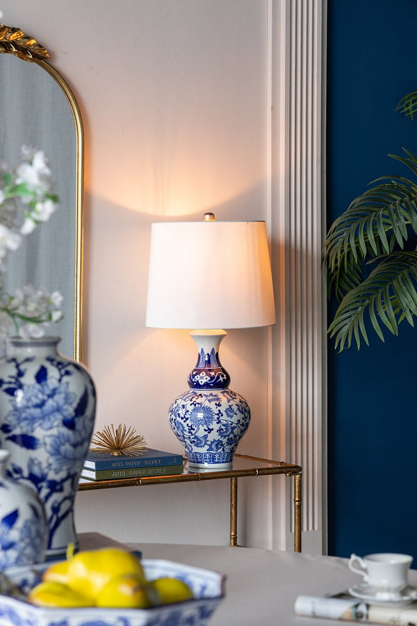 English Elm D14x27.6" Blue and White Ceramic Vase Lamp with Porcelain Floral Patterns, Ambient Table Light Decor W2078P324060