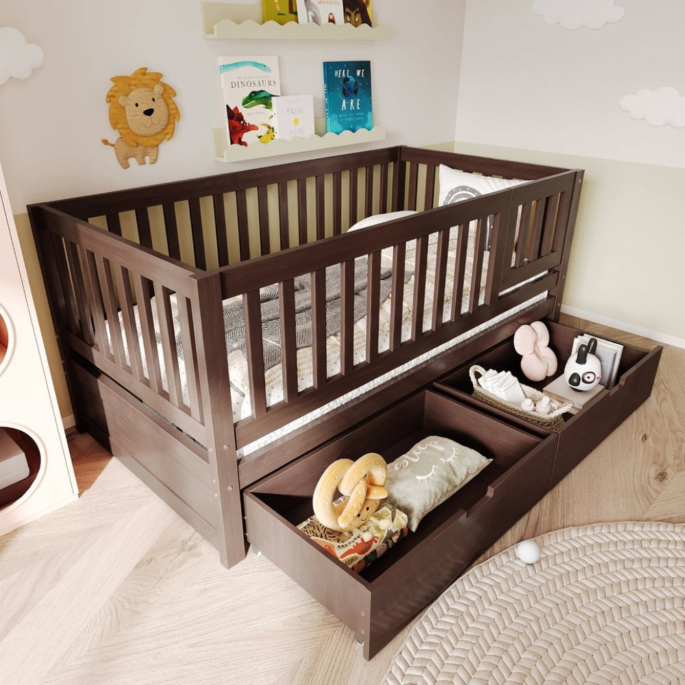 English Elm Convertible Toddler Daybed Solid Pine Kids Bed with Storage Drawers and Removable Rails Espresso N899P429848N