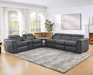 English Elm 5-seater Air Leather Power Reclining Sectional with Led Bluetooth Subwoofer and Lift Cabinet Dark Grey W1191S00125