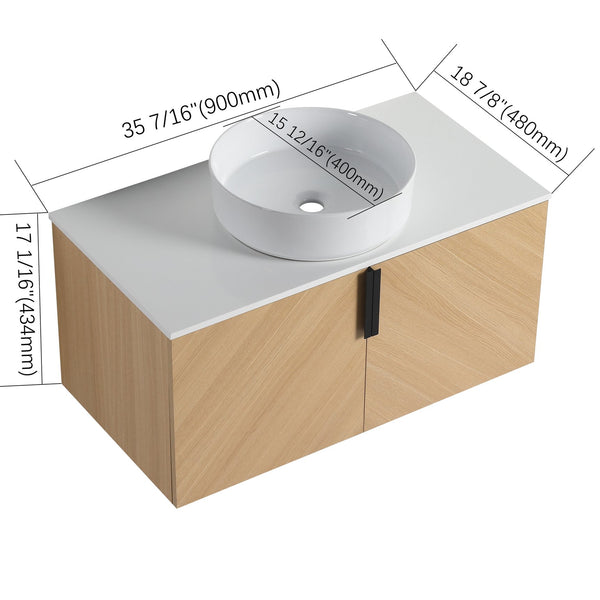 English Elm 36" Modern Wall-Mounted Bathroom Vanity With Ceramic Vessel Sink & Soft-Close Doors For Stylish Space W999S00448