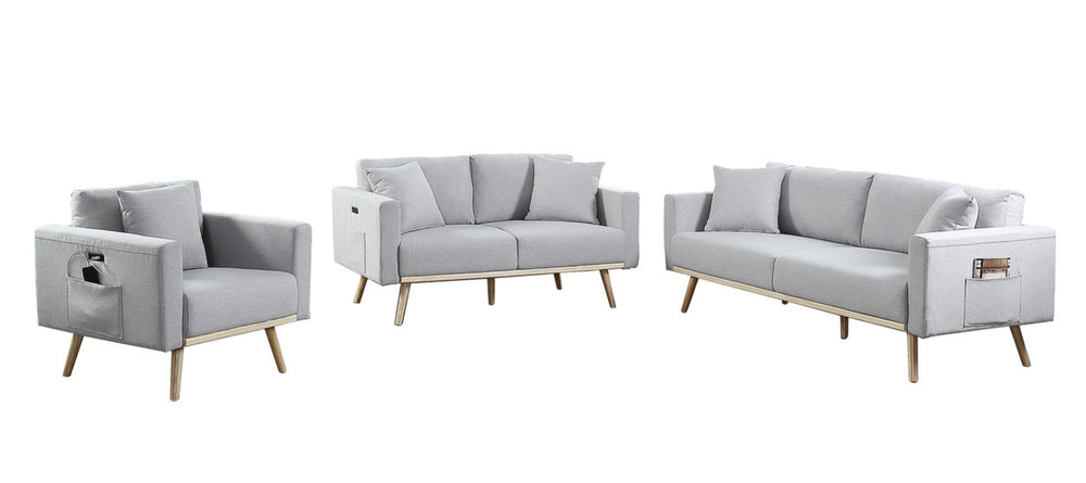 English Elm Elio Mid-century Modern Linen Living Room Set with Usb Ports Storage Pockets Light Gray B2749S00014