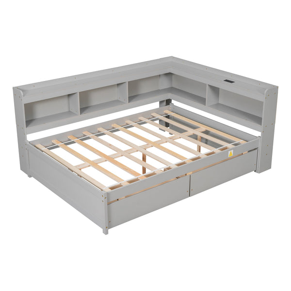 English Elm Full Size L-Shaped Bed With Bookcases, Usb Ports & Drawers - Space-Saving Grey Bedroom Solution W504S00245