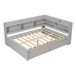 English Elm Full Platform Bed with L-shaped Bookcase Built-in Power Outlets and Storage Drawers Grey W504S00339