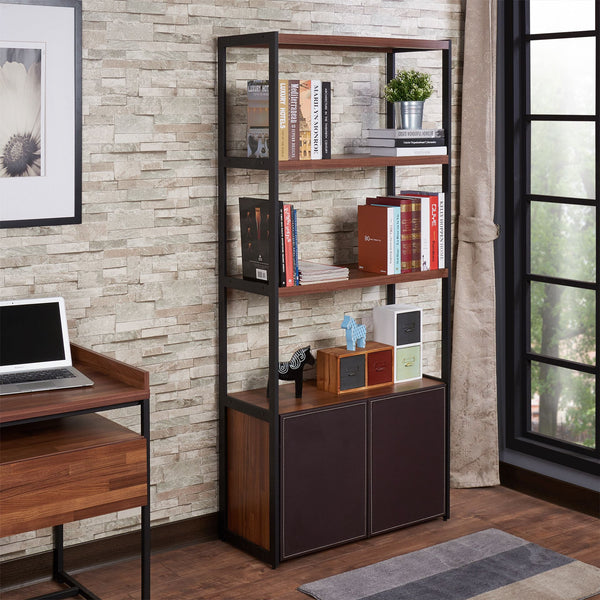 English Elm Sara Walnut & Sandy Black Finish Bookshelf with Cabinet Storage, 3 Shelves, Modern PU Design, 31" x 53" B2726P256445