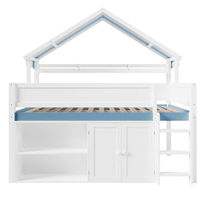 English Elm Full Size Pine Loft Bed with House Canopy Roof Built in Shelves and Storage Cabinet N7090005012C