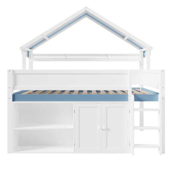 English Elm Full Size Pine Loft Bed with House Canopy Roof Built in Shelves and Storage Cabinet N7090005012C
