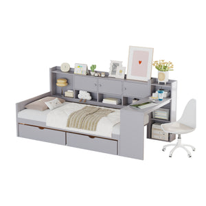 English Elm Twin L-Shape Daybed with Storage, 3 Cabinets & 2 Drawers, Built-In Desk Bookshelf, Gray Twin N733S247070E